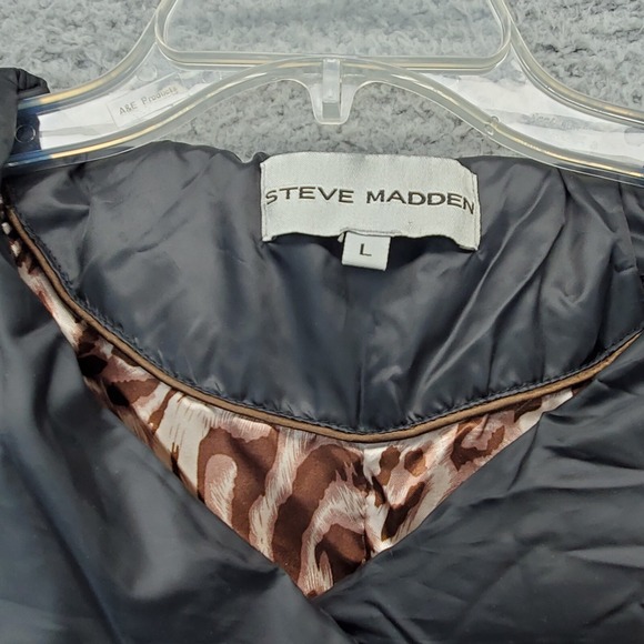 Steve Madden Puffer Jacket Womens Large Black Leopard Print Lined Cropped Ruched - Picture 5 of 8